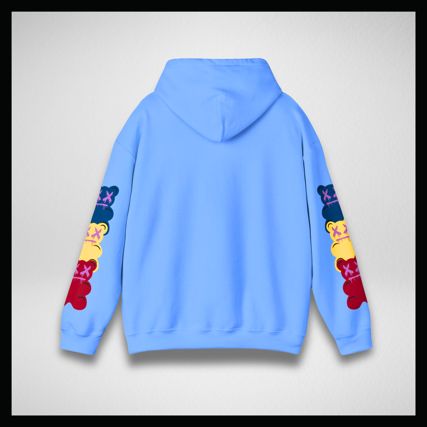 Felpa azzurra con cappuccio, gummy bears sulle maniche