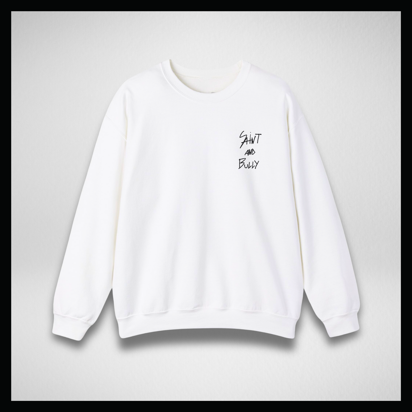 White crewneck sweatshirt, black handwritten logo embroidered
