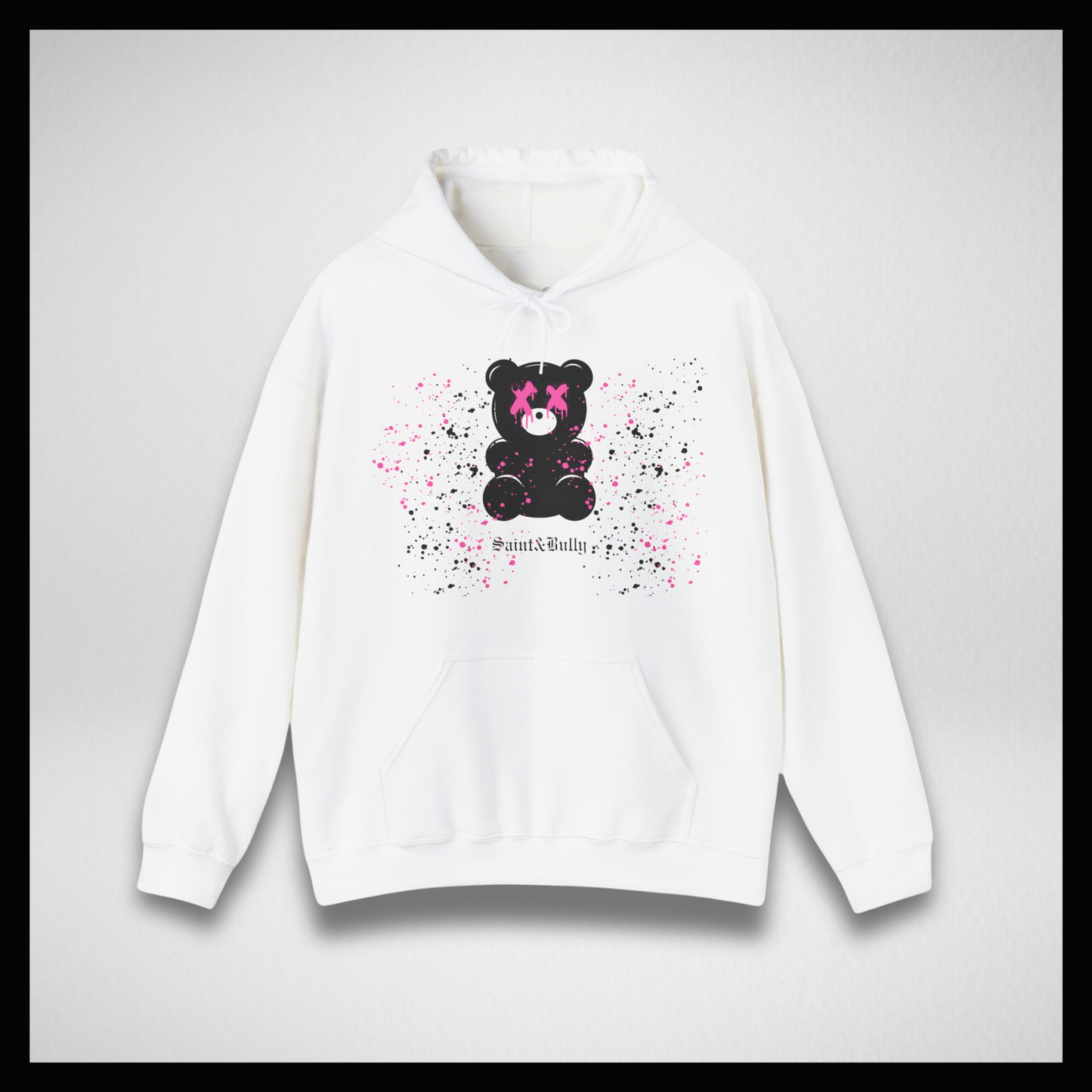 White hoodie, black gummy bear