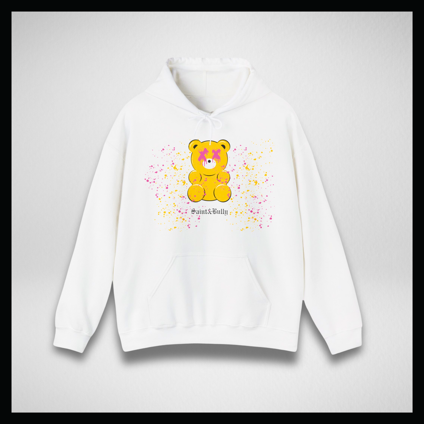 Felpa bianca con cappuccio, gummy bear giallo