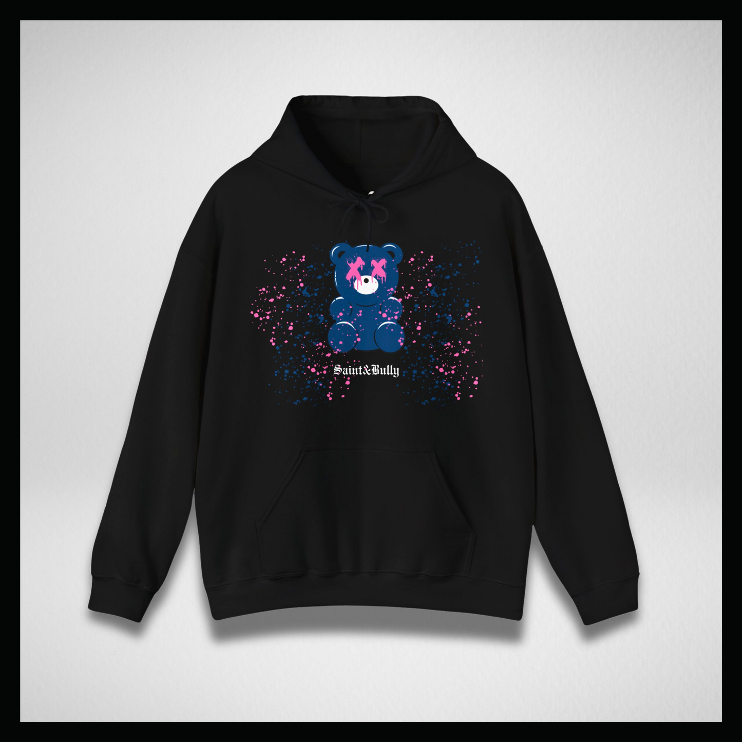Black hoodie, blue gummy bear