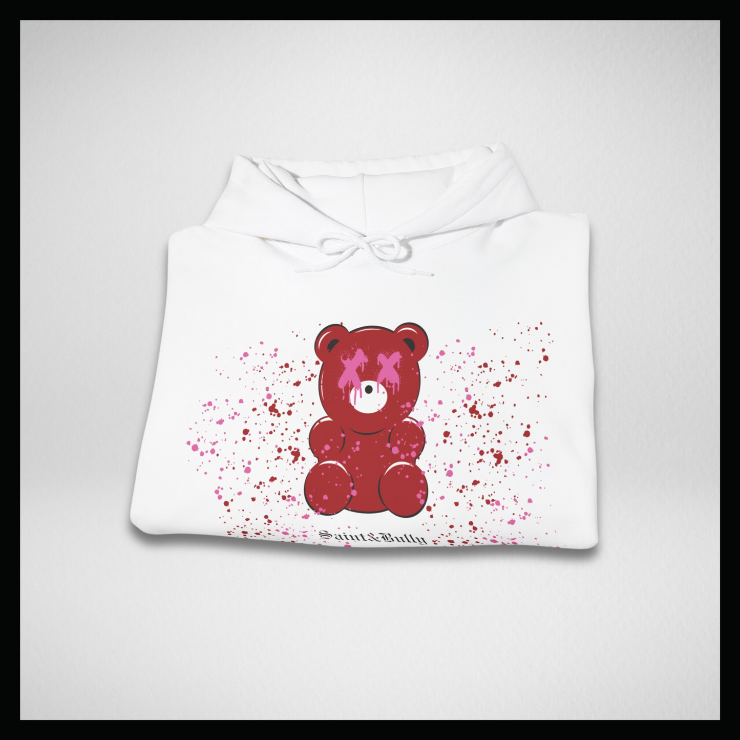Felpa bianca con cappuccio, gummy bear rosso