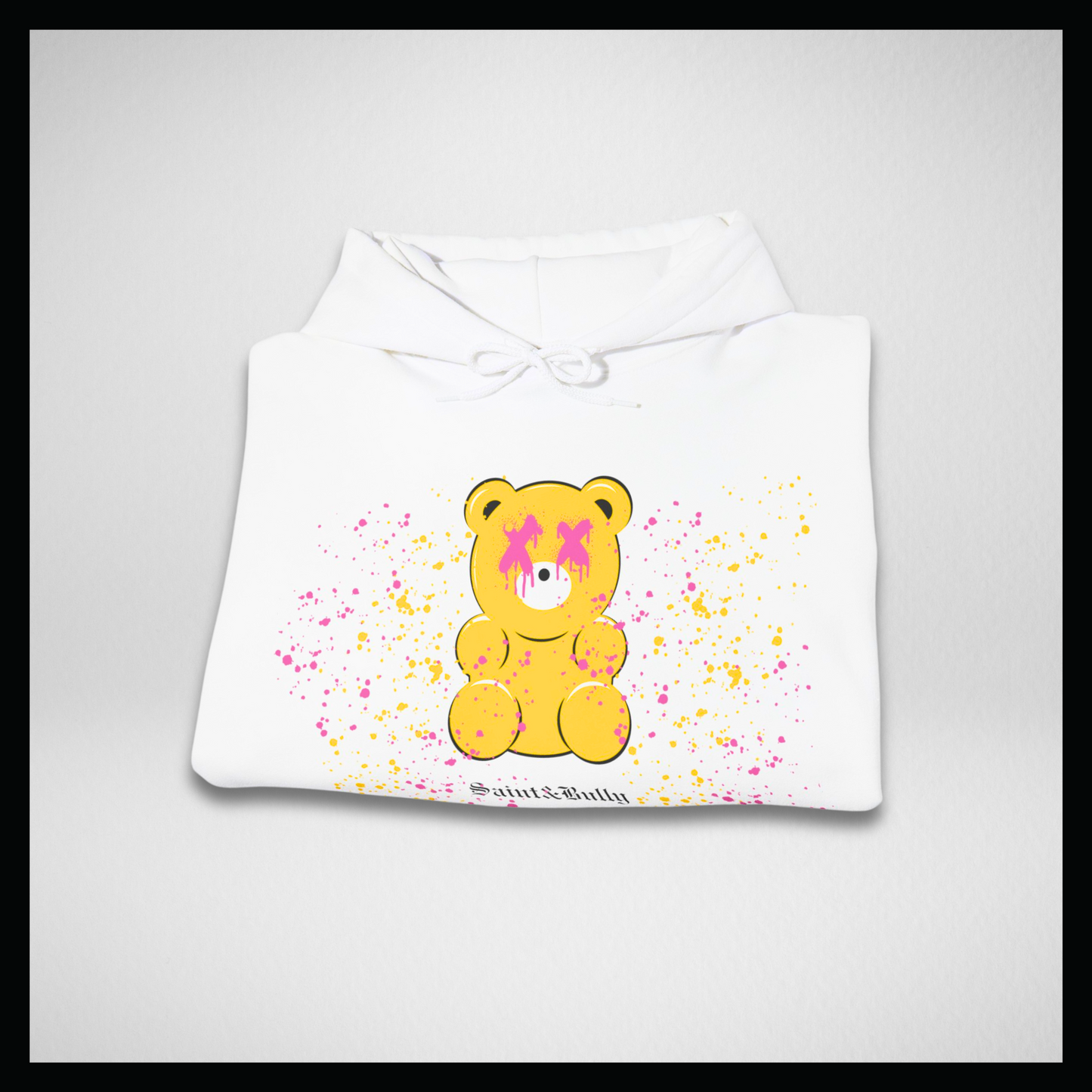 Felpa bianca con cappuccio, gummy bear giallo