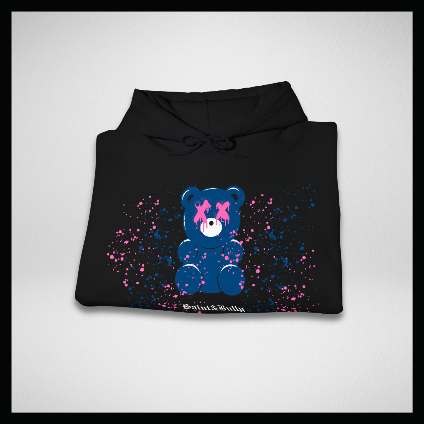 Black hoodie, blue gummy bear