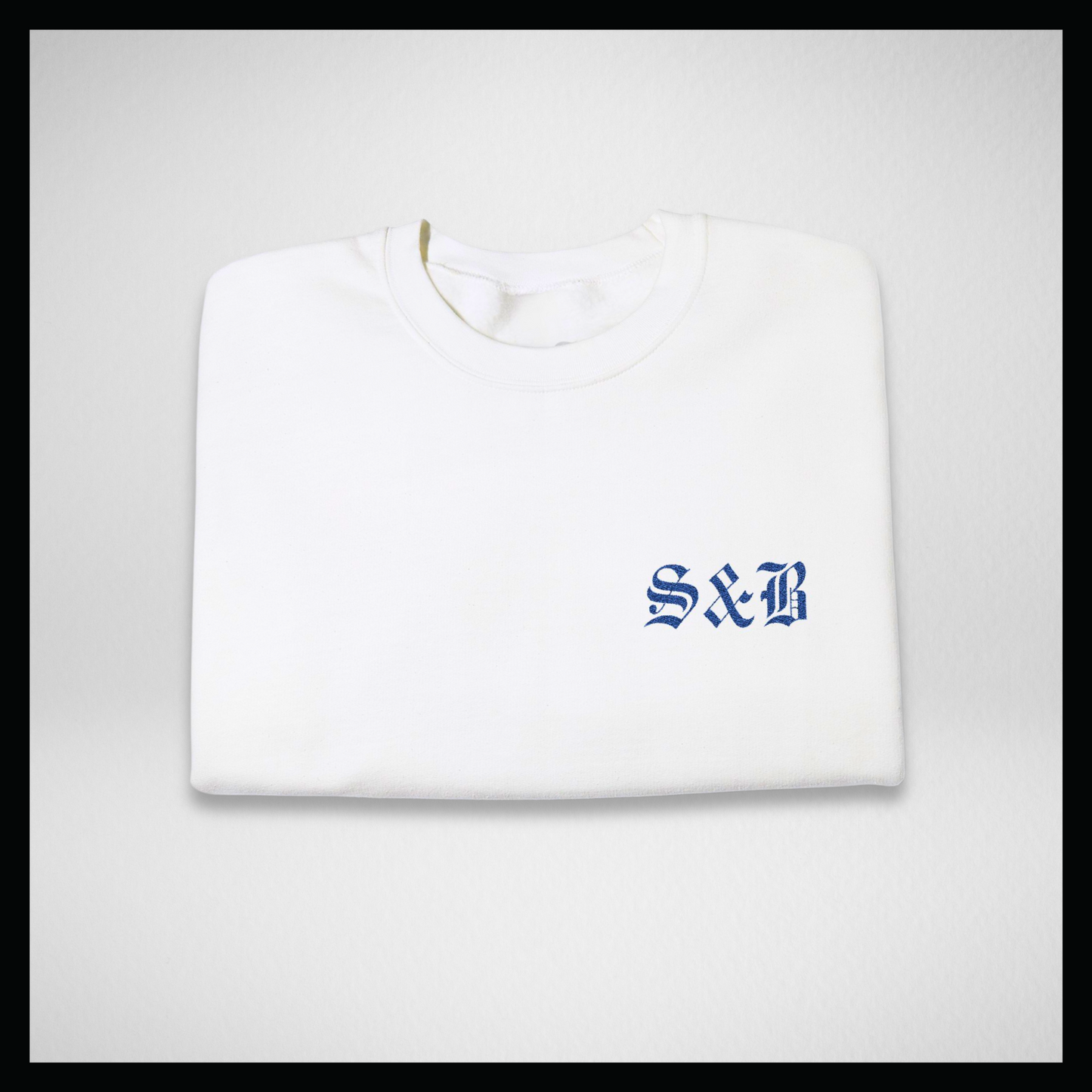 White crewneck sweatshirt, classic blue embroidered logo