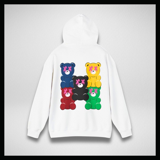 Felpa bianca con cappuccio, 4 gummy bears