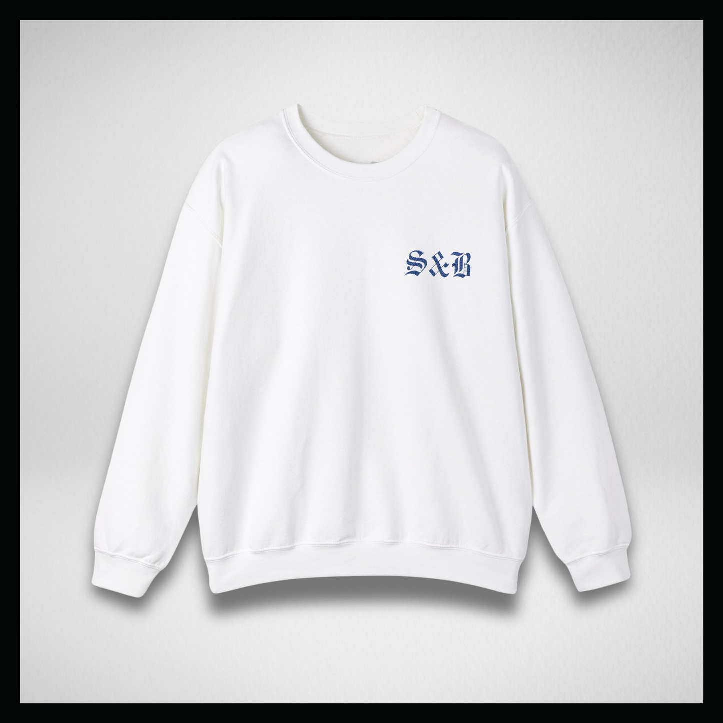 White crewneck sweatshirt, classic blue embroidered logo