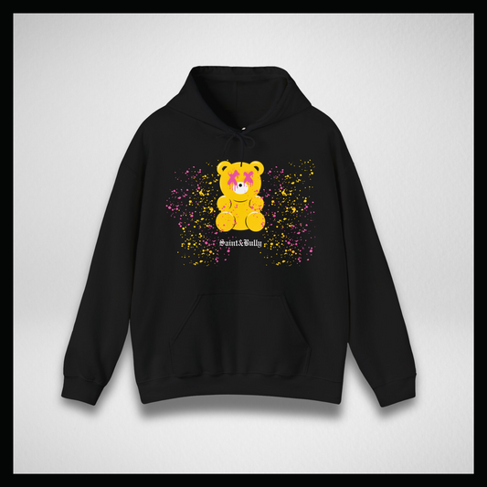 Black hoodie, yellow gummy bear