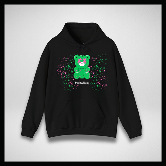 Black hoodie, green gummy bear