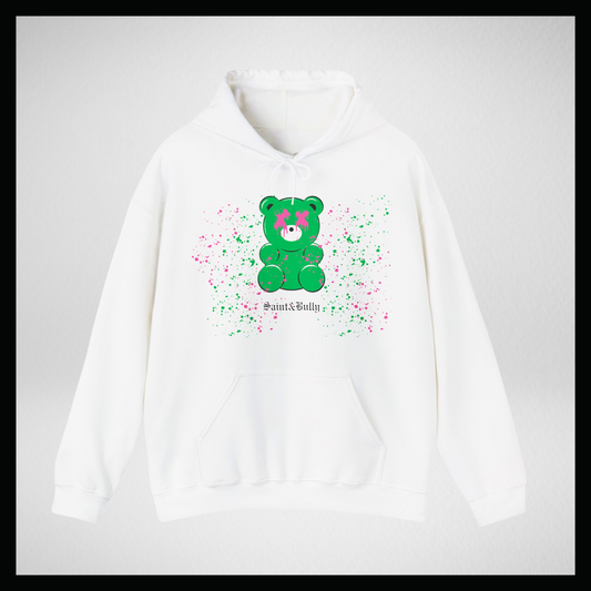 Felpa bianca con cappuccio, gummy bear verde