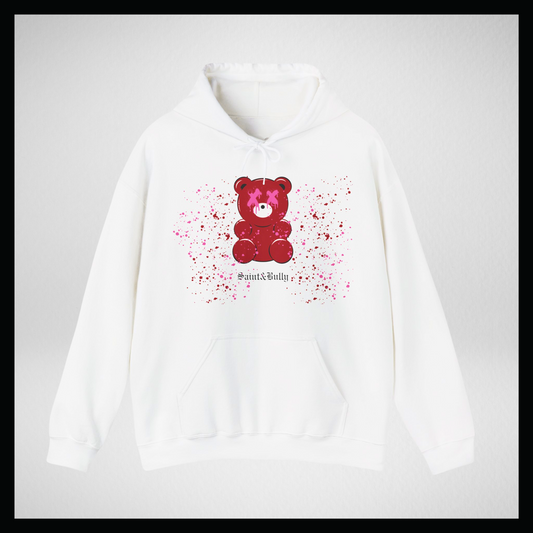 Felpa bianca con cappuccio, gummy bear rosso