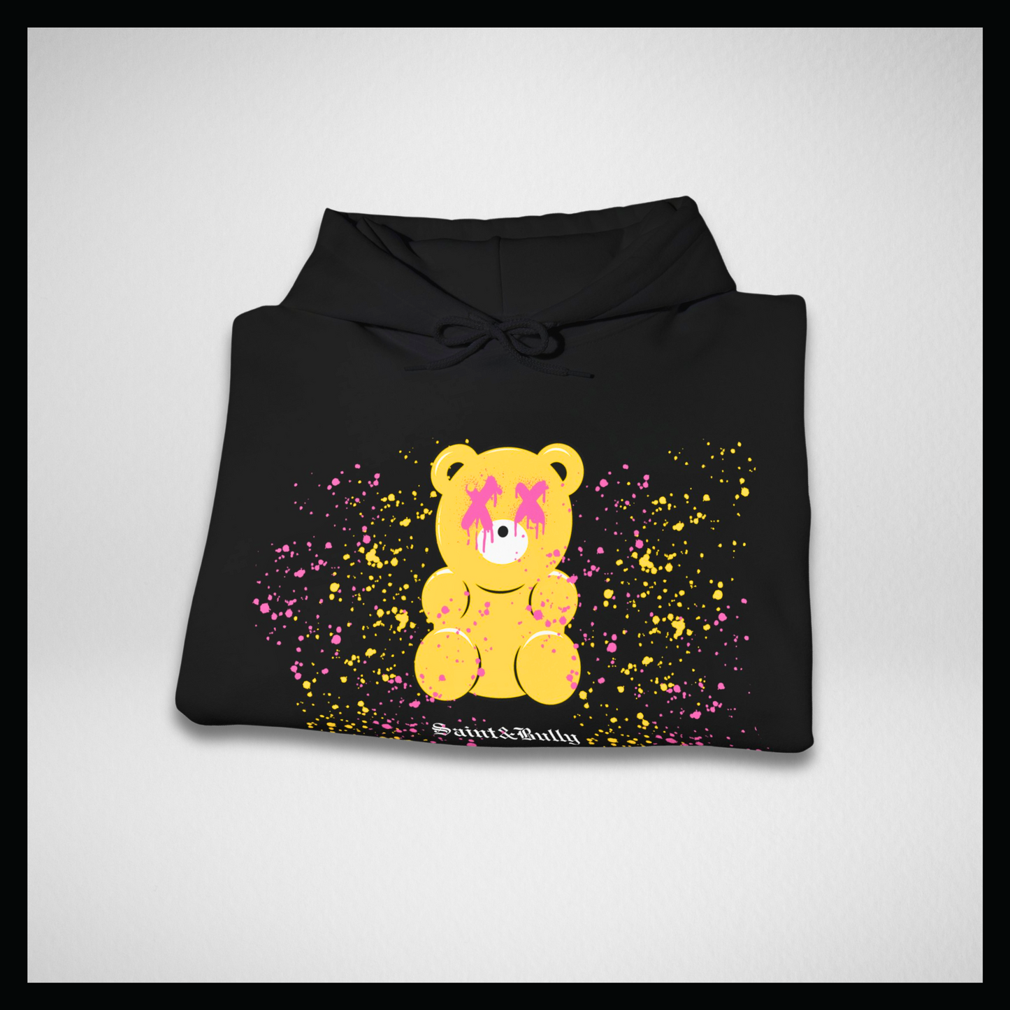 Black hoodie, yellow gummy bear