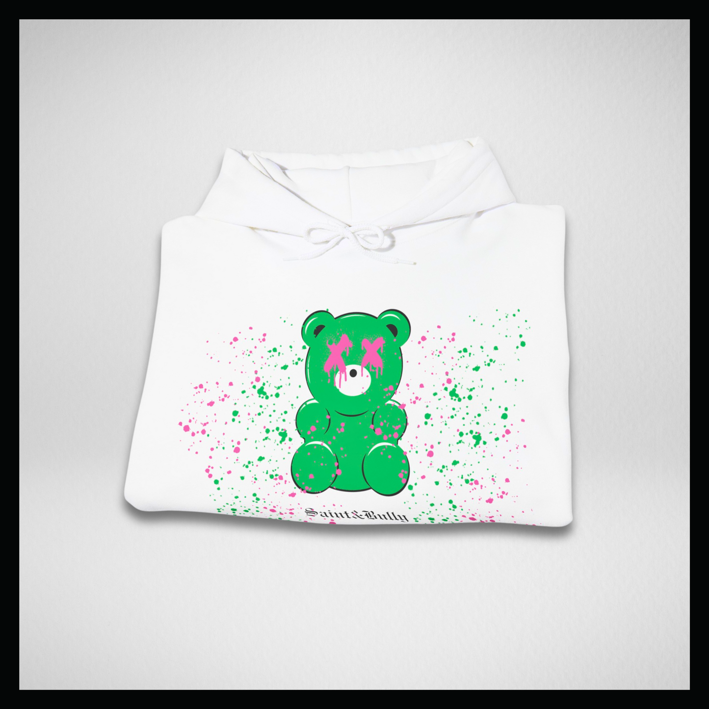 Felpa bianca con cappuccio, gummy bear verde