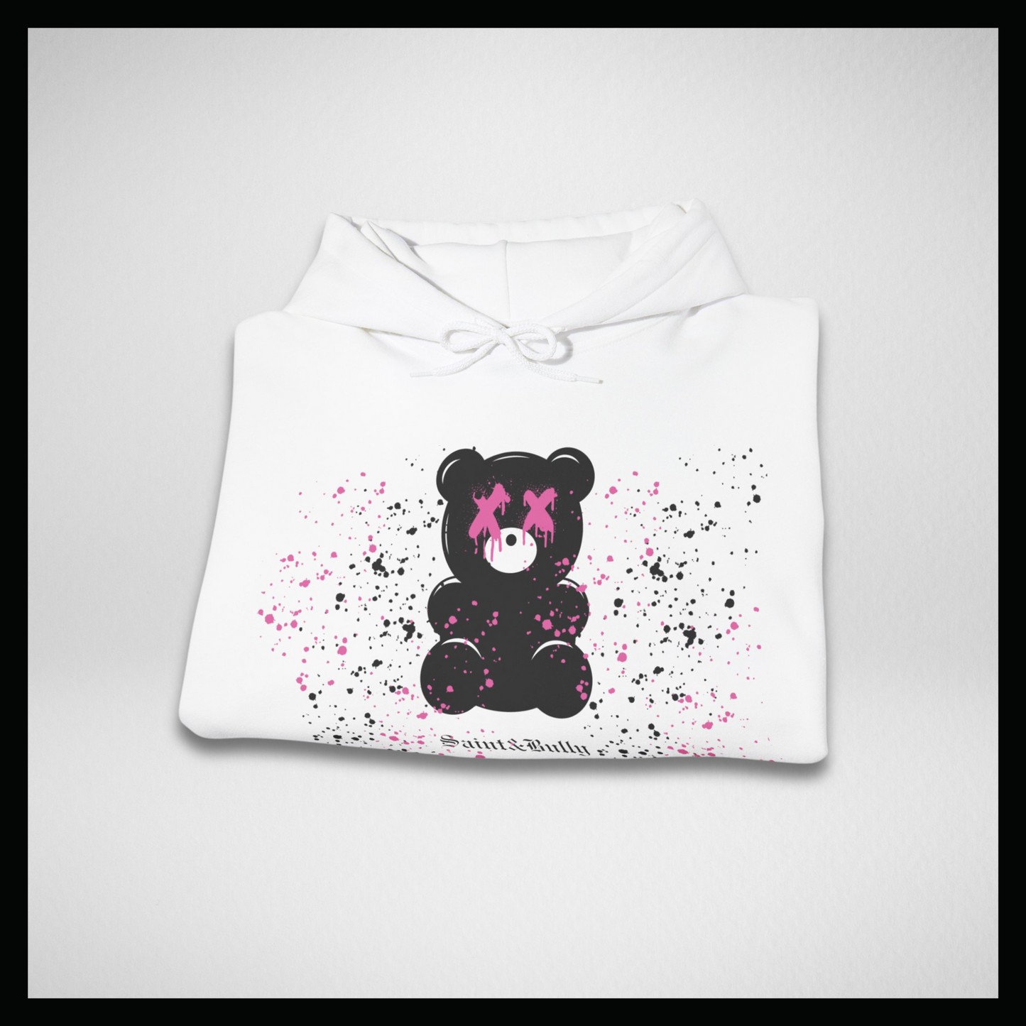 White hoodie, black gummy bear