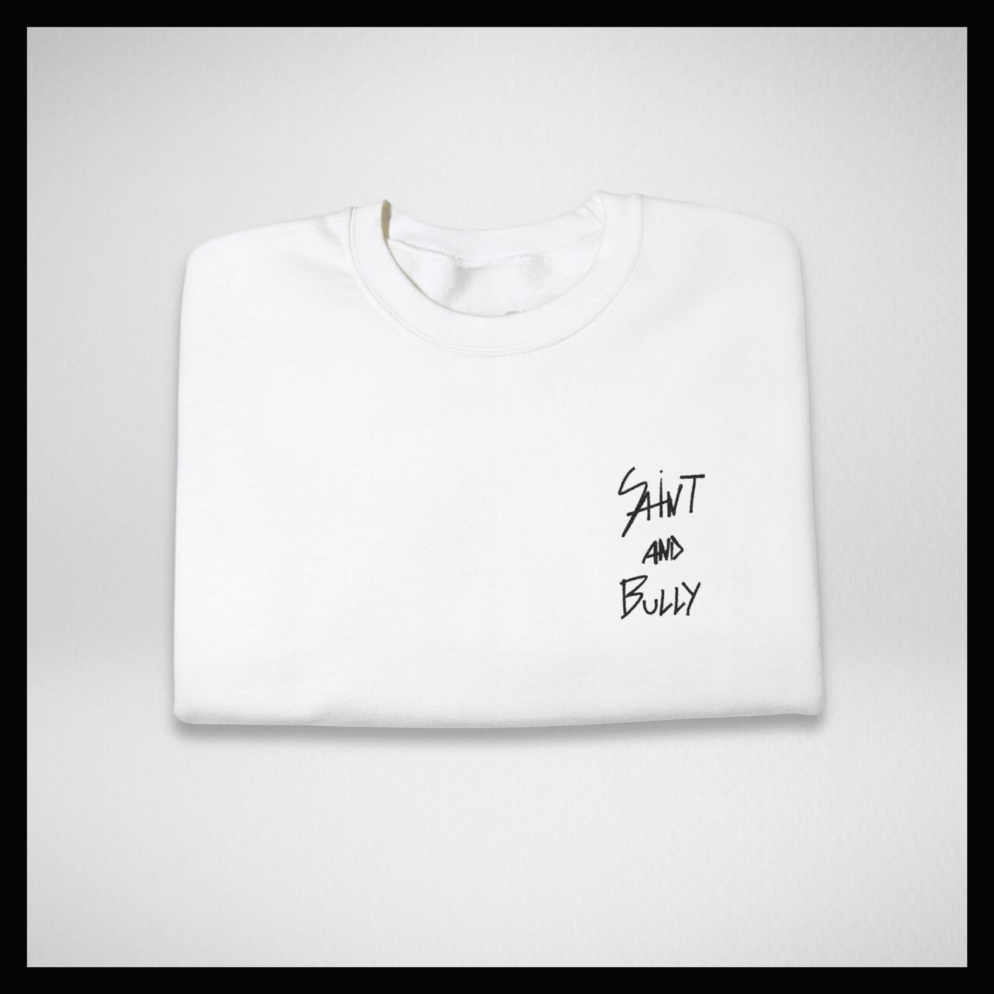 White crewneck sweatshirt, black handwritten logo embroidered
