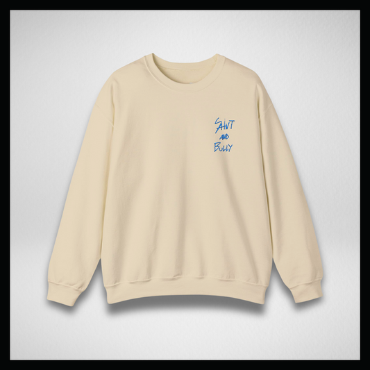 Felpa girocollo beige chiaro, logo azzurro scritto a mano ricamato