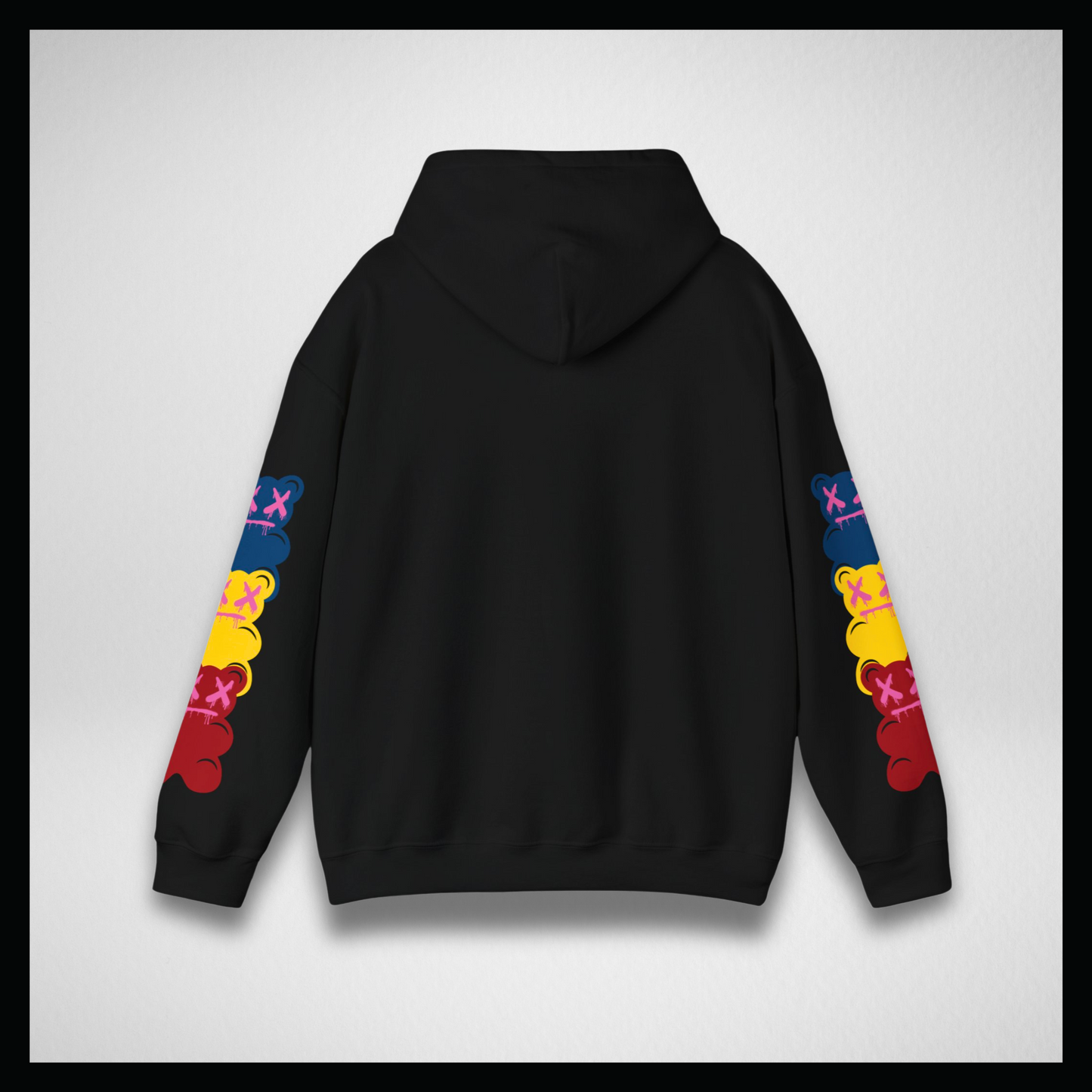 Black hoodie, gummy bears on the sleeves